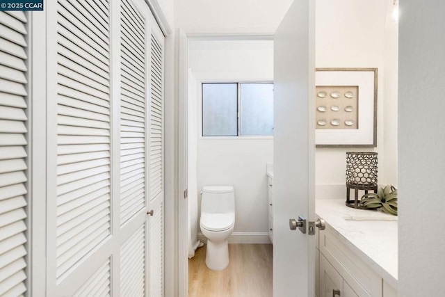 bathroom featuring vanity, toilet, and hardwood / wood-style floors