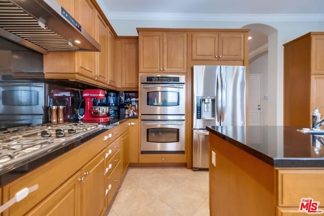 kitchen with ventilation hood, crown molding, decorative backsplash, and stainless steel appliances