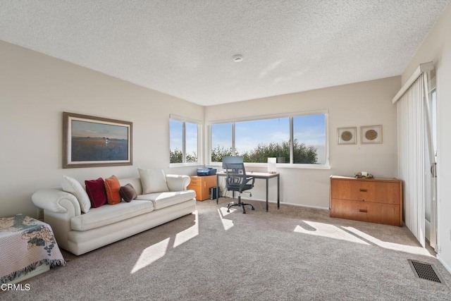 office with visible vents, carpet floors, and a textured ceiling