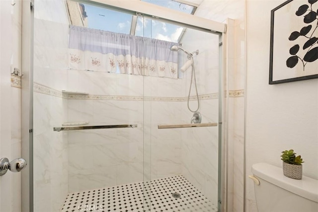 bathroom featuring a shower with shower door and toilet