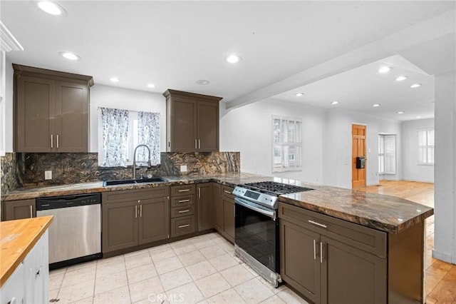 kitchen featuring sink, wooden counters, kitchen peninsula, stainless steel appliances, and backsplash