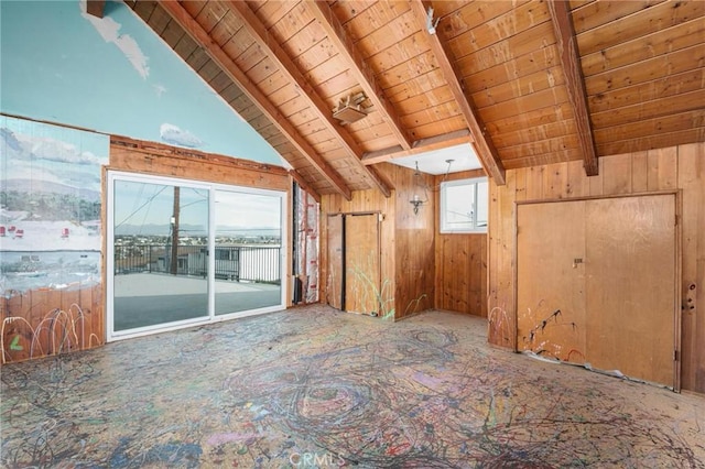 bonus room with high vaulted ceiling, beam ceiling, wooden walls, and wooden ceiling