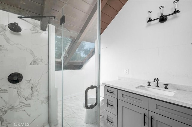 bathroom featuring vanity and a shower with shower door