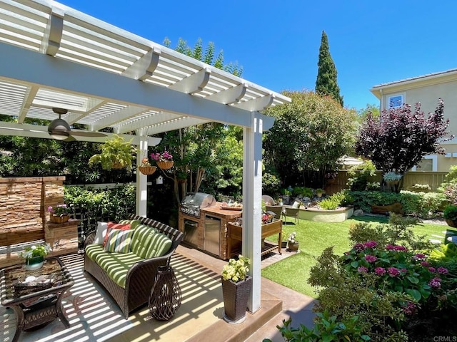 view of patio / terrace with an outdoor hangout area, grilling area, fence, and a pergola