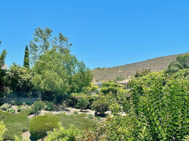 view of yard featuring fence and a mountain view