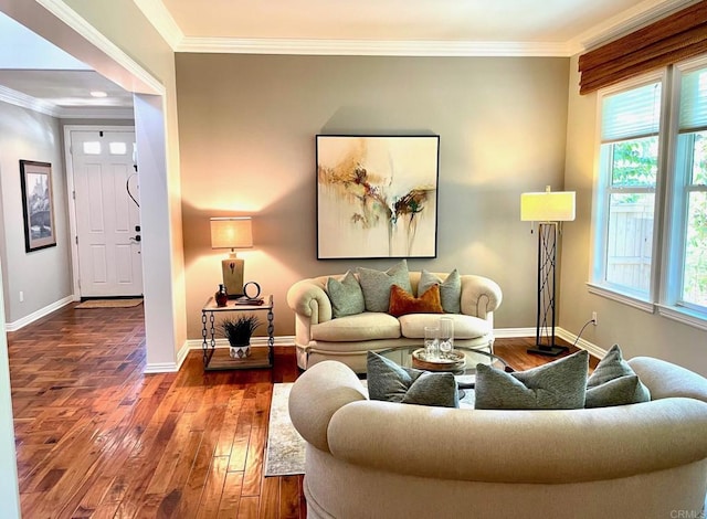 living room with ornamental molding, hardwood / wood-style floors, and baseboards