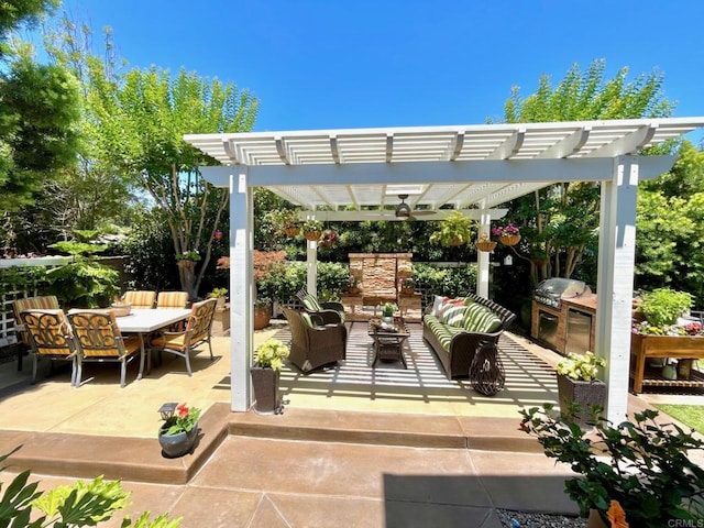 view of patio with outdoor dining area, outdoor lounge area, a grill, exterior kitchen, and a pergola