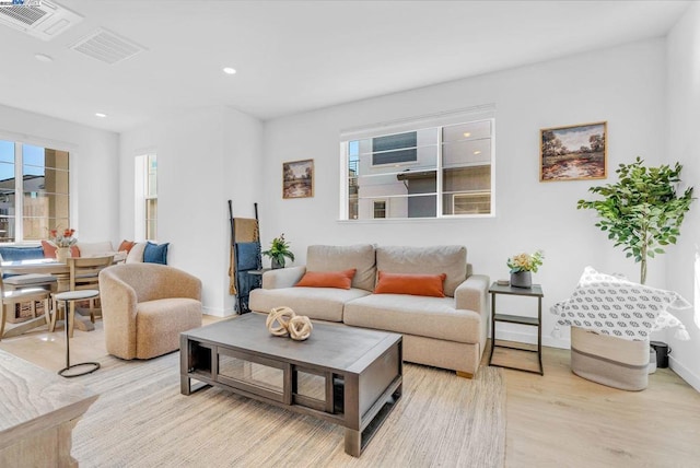 living room featuring a wealth of natural light and light wood-type flooring