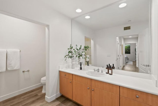 bathroom featuring vanity, toilet, and wood-type flooring