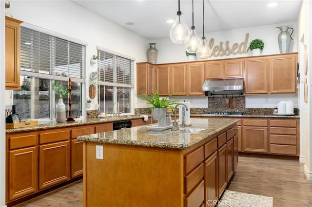 kitchen with brown cabinets, hanging light fixtures, a sink, a kitchen island with sink, and under cabinet range hood