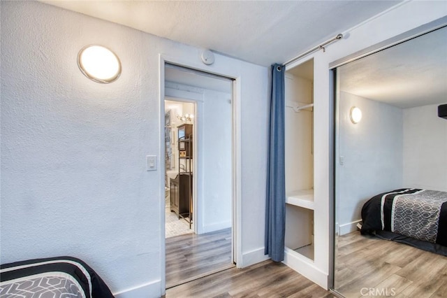 bedroom featuring wood-type flooring and a closet