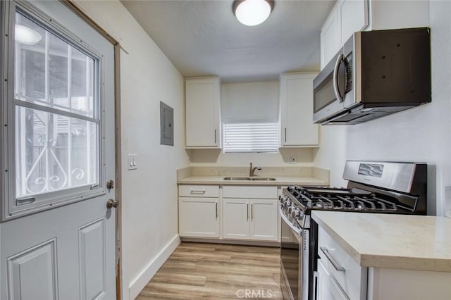 kitchen featuring sink, light hardwood / wood-style flooring, appliances with stainless steel finishes, electric panel, and white cabinets