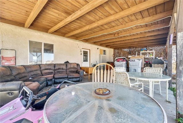 dining space with wooden ceiling and beam ceiling