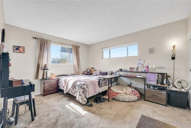 carpeted bedroom with a textured ceiling