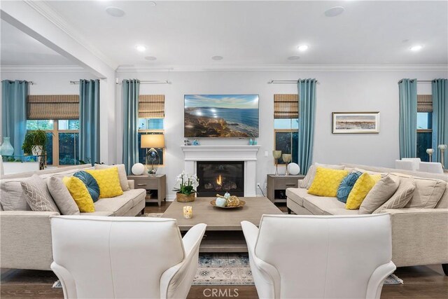 living room featuring crown molding and hardwood / wood-style floors