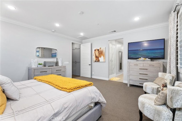 bedroom featuring ornamental molding and carpet