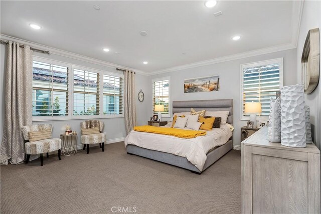 bedroom featuring carpet floors and ornamental molding