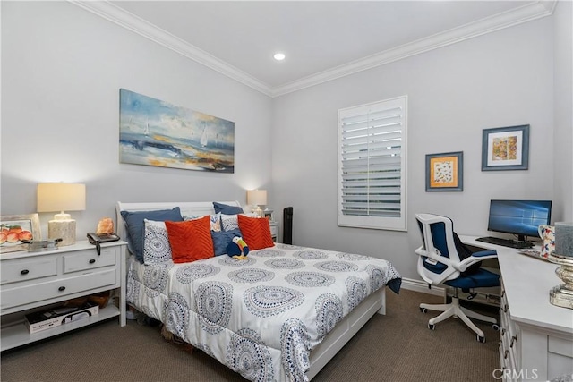 carpeted bedroom featuring crown molding