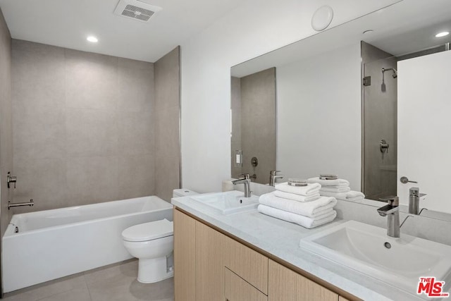 full bathroom featuring tile patterned floors, vanity, toilet, and separate shower and tub