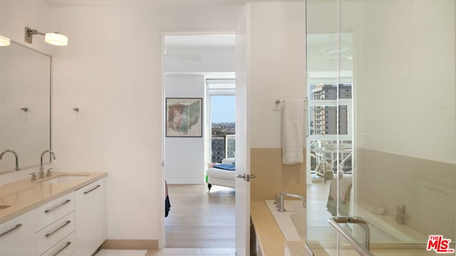 bathroom with hardwood / wood-style flooring and vanity