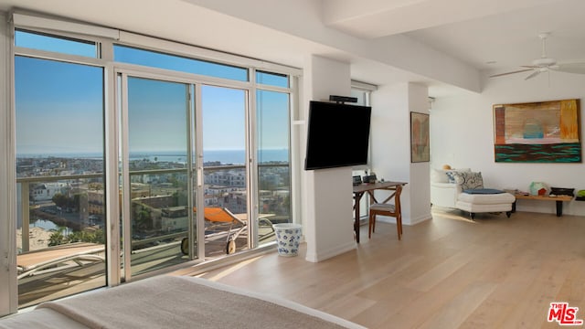 living room featuring ceiling fan and light hardwood / wood-style floors