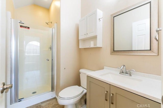 bathroom with toilet, vanity, and a stall shower