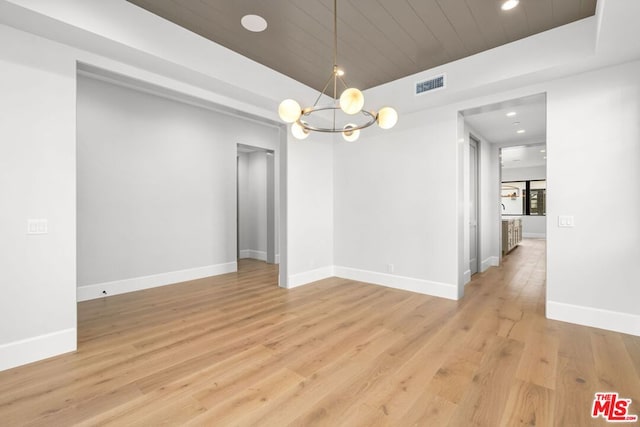 unfurnished dining area with an inviting chandelier, light hardwood / wood-style floors, and wooden ceiling