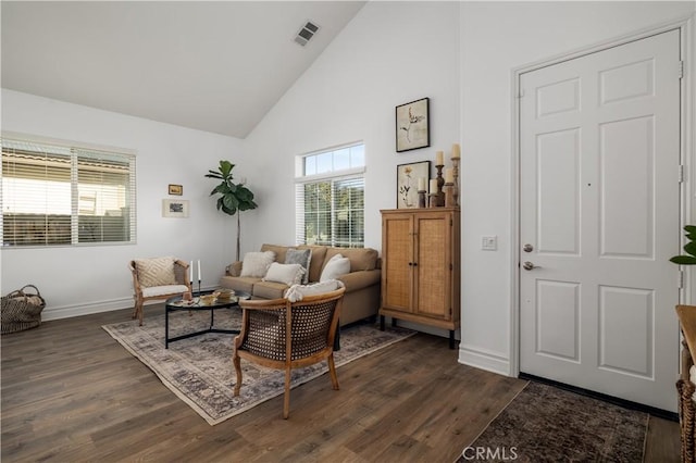 living room with dark wood-type flooring and high vaulted ceiling