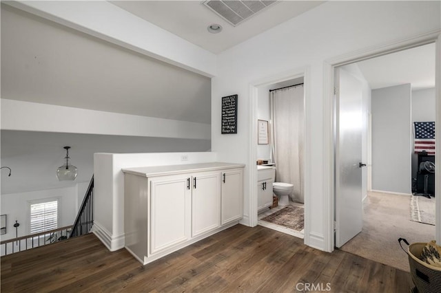 bathroom with hardwood / wood-style flooring, vanity, and toilet