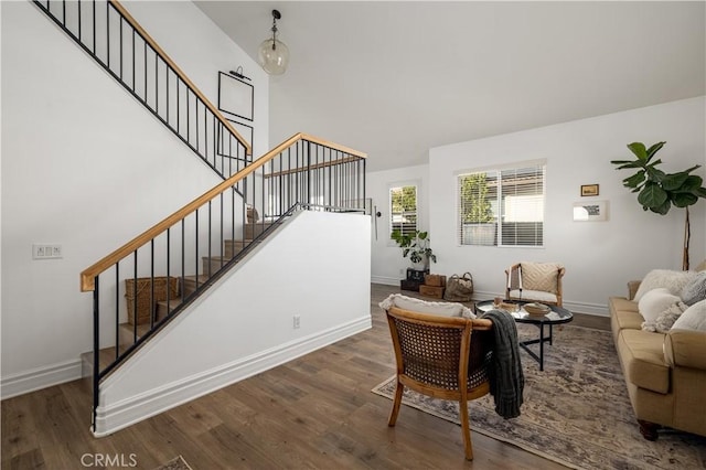 living room featuring dark wood-type flooring