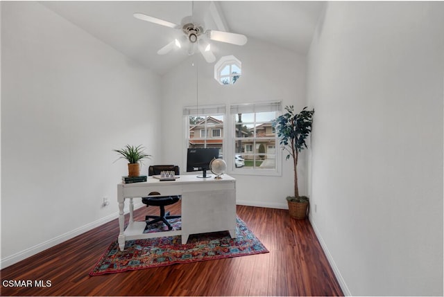 office featuring ceiling fan, lofted ceiling, and dark hardwood / wood-style flooring