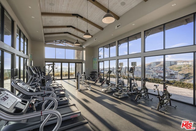 exercise room with vaulted ceiling, a mountain view, a healthy amount of sunlight, and wooden ceiling