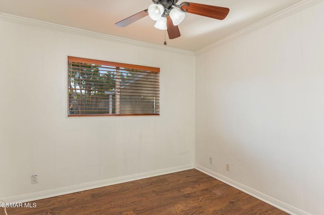 unfurnished room featuring crown molding, ceiling fan, and dark hardwood / wood-style flooring