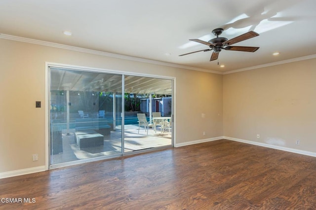 unfurnished room featuring crown molding, ceiling fan, and dark hardwood / wood-style flooring