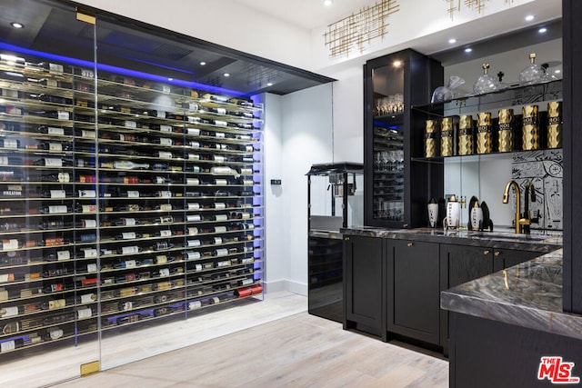 wine area featuring light hardwood / wood-style flooring and wet bar