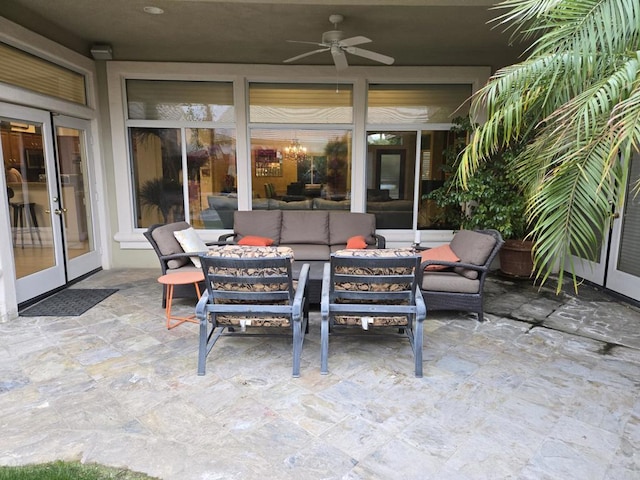 view of patio with an outdoor hangout area, ceiling fan, and french doors