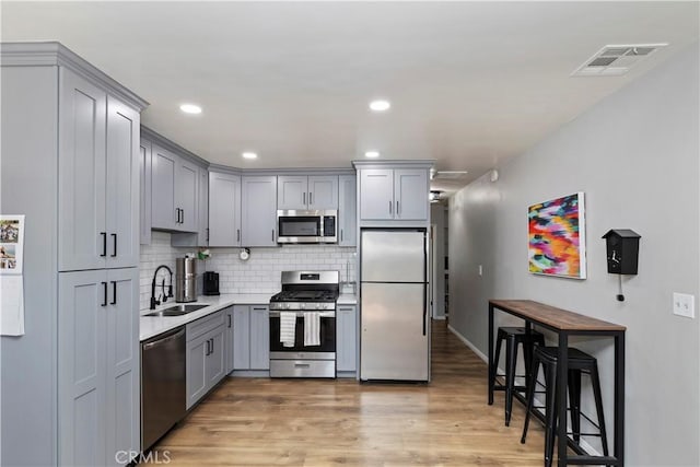 kitchen with sink, appliances with stainless steel finishes, gray cabinetry, backsplash, and light wood-type flooring