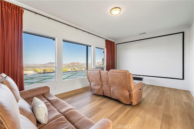 cinema room featuring ornamental molding and light hardwood / wood-style floors