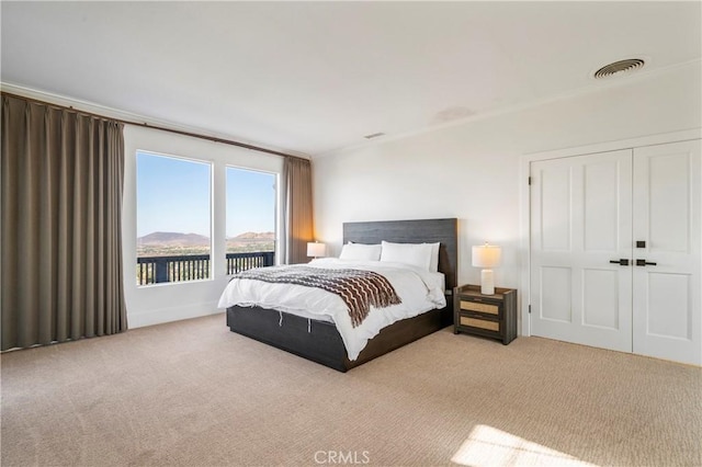 bedroom with a mountain view, light colored carpet, and a closet