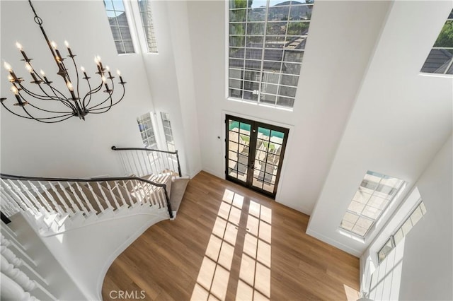 foyer featuring french doors, a healthy amount of sunlight, wood-type flooring, and a high ceiling