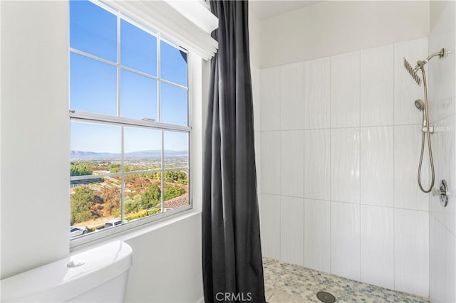 bathroom with curtained shower and toilet