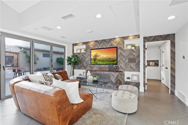 living room featuring tile walls