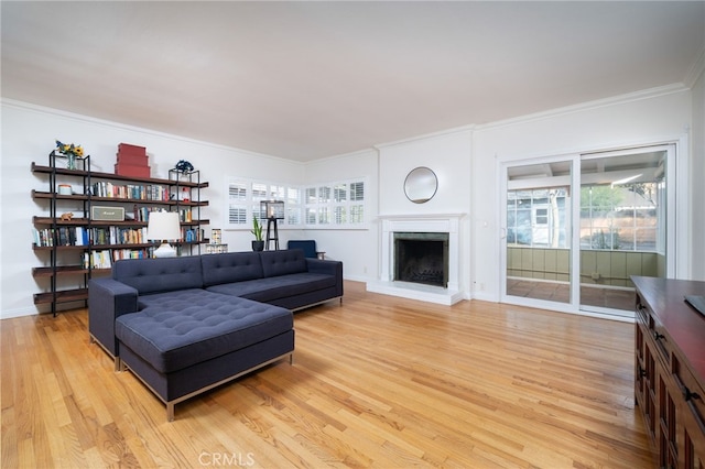 living room with ornamental molding, a healthy amount of sunlight, and light hardwood / wood-style flooring