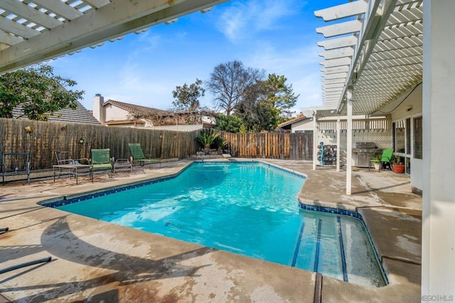 view of pool featuring a patio area, grilling area, and a pergola