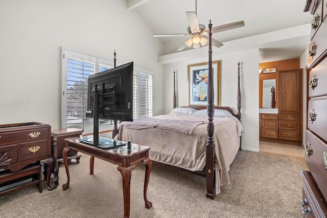 carpeted bedroom with ceiling fan, beam ceiling, and high vaulted ceiling