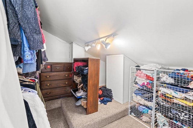 spacious closet with vaulted ceiling and carpet floors