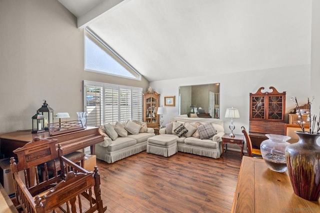 living room featuring hardwood / wood-style floors and high vaulted ceiling