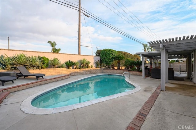 view of pool featuring an outdoor living space, a pergola, and a patio