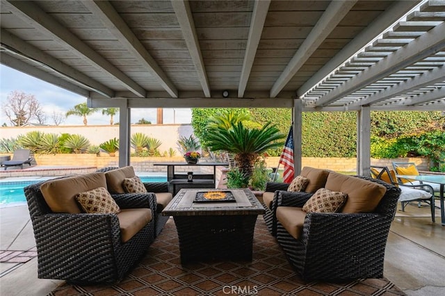 view of patio with a pergola, a fenced in pool, and an outdoor living space with a fire pit