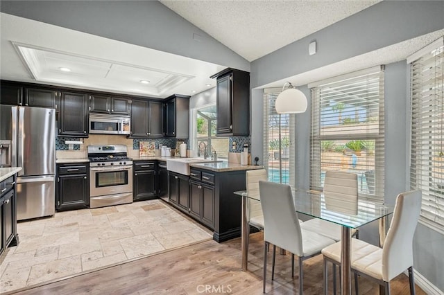 kitchen with stainless steel appliances, a tray ceiling, hanging light fixtures, and backsplash